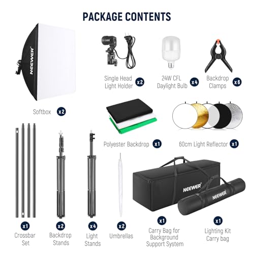 NEEWER Photography Lighting Kit with Backdrops,8.5x10ft Backdrop Stands,5700K 800W Equivalent 24W LED Umbrella Softbox Continuous Lighting,60cm Light Reflector, Photo Studio Equipment for Video Shoot - style: NK102