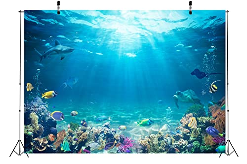 BELECO Underwater World Backdrop 10x10ft Fabric Undersea Backdrop for Photography Under the Sea Tropical Fish Dolphin Turtle Coral Deep Sea Sunlight Seabed Background Undersea Party Photo Studio Prop - size: 10x10ft