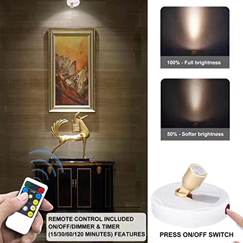 HAMVIDNE LED Spotlight, Battery Powered Picture Lights, Uplighting Indoor, Puck Lights with Remote, Stick Spot Light for Wall Display Picture Dartboard Painting Artwork Accent-2pcs - color: White Gold, size: 2 Pack