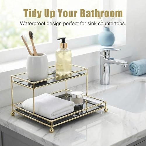 Makeup Organizer Shelf, 2-Tier Cosmetic Storage Basket with Glass Tray, Wire Vanity Organizer Rack for Bathroom, Countertop, Dresser and More, Medium Size
