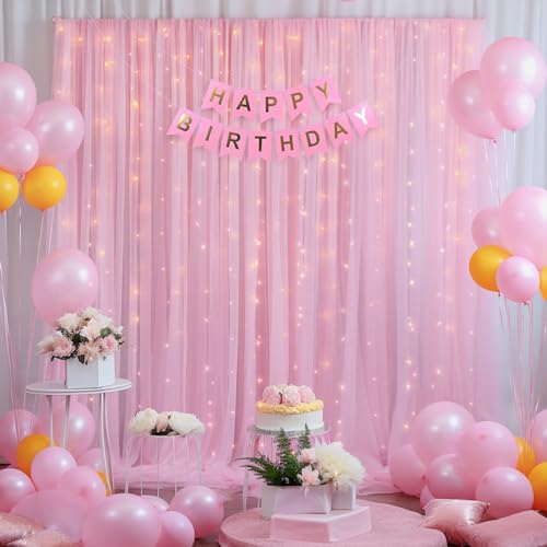 10x10ft Pink Tulle Backdrop Curtain with Lights String for Parites, Sheer Backdrop Drapes for Baby Shower Wedding Birthday Party Photo Shoot Decorations - color: Baby Pink, size: 10ft x 10ft(2 Panels 5*10ft)