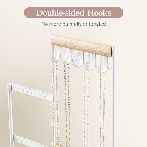 ProCase Jewelry Organizer Tower, 10 Hooks Jewelry Storage Rack Tree Holder Stand with Velvet Ring Display Tray for Necklaces Bracelets Earrings Rings Watches -White - color: White
