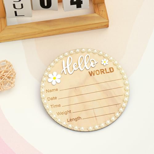 Wonhibo Pearl-Trimmed Newborn Announcement Sign - Baby Hospital Photo Prop Wooden Name Board Card for Birth Welcome Hello World - color: Pearl