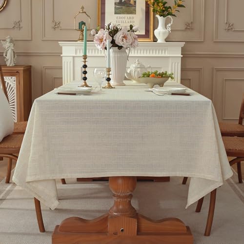 Natural Linen Cottton Tablecloth ,Rectangle Rustic Elegant Tablecloth, Textured Jacquard Neutral Fabric, Washable Table Cover for for Dining Table Farmhouse Kitchen Party (Grid-Weave, 120" x 60") - color: Rustic Grid-weave, size: 120" x 60" (Rectangular)