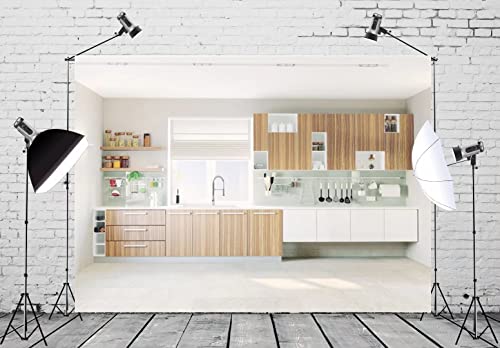 BELECO 8x6ft Fabric Modern Kitchen Backdrop Cooking Baking Background Wall Cabinet Cupboard Kitchenware Window Background Selfie Photoshoot Online Teaching Video YouTube Studio Photography Props