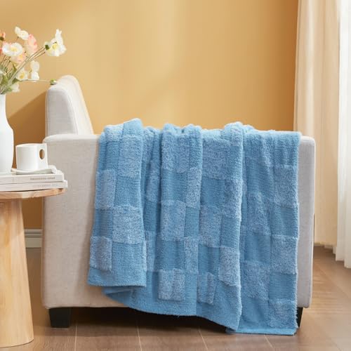 Snuggle Sac Faux Fur Throw Blanket for Couch,Knitted with Microfiber Fancy Yarn Blanket, Cozy Soft Warm Blankets for Sofa, Bedroom, Living Room, Solid Blue,50x60 inches - color: Solid Blue, size: Throw(50"x60")