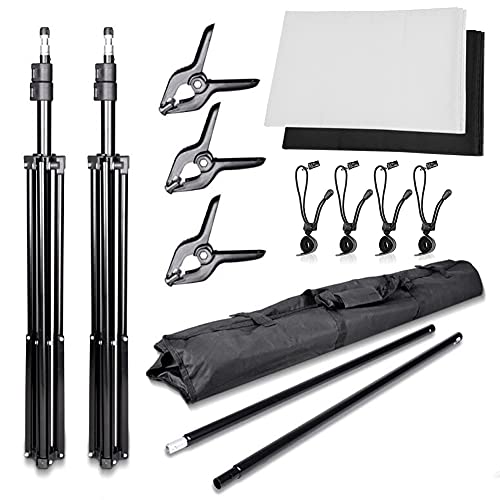 SLOW DOLPHIN Photo Background Support System with Backdrop Stand Kit, 100% Pure Muslin 6.5 Ft x 10 Ft (White/Black) Backdrop,Clamp, Carry Bag for Photography Video Studio