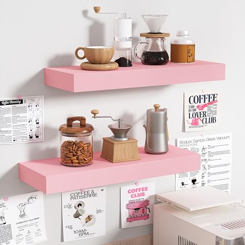 BAMEOS Pink Floating Shelves for Wall, 16" x 6" Wall Shelves for Room, Floating Book Shelves, Hanging Shelves for Bedroom, Bedroom, Living Room, Kitchen (Set of 2) - color: Pink, size: 16x6 2Pcs