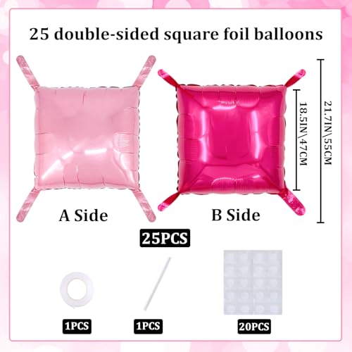 25PCS Pink Square Foil Balloon Set, Double-Sided Light Pink & Hot Pink Backdrop Wall for Birthday Party, Shower, Sweet 16 Decorations - color: Pink 、rose Red
