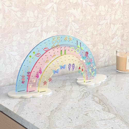 NiHome 3-Tier Gradient Colors Acrylic Rainbow Earring Organizer, 14" W x 6.3" H Lightweight & Durable Design 140 Holes for 70 Pairs, Unique Front Row for Special Earrings(Gradient Colors) - color: Gradient Colors