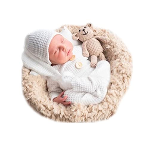 Coberllus Newborn Photography Props Outfit Fabric Sleepy Knot Hat & Footed Romper Bodysuit for Baby Boys Girls Photoshoot - color: Off-white