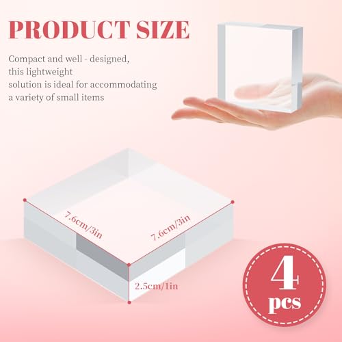 4 Pcs Acrylic Base Stand, 3*3*1 Inch Acrylic Blocks for Display Square Cube Riser Display Pedestal Stands Clear Polished Cubes Holder for Jewelry Perfume Ring Collection Props Cake - size: 7.6*7.6*2.5CM