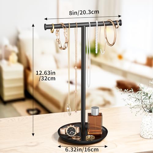 Necklace Organizer Stand with Storage Tray - 12.6" Tall T-Shaped Jewelry Holder Stand for Bracelets, Earrings, Rings | Stylish Home & Vanity Décor for Women, Black. - color: Black