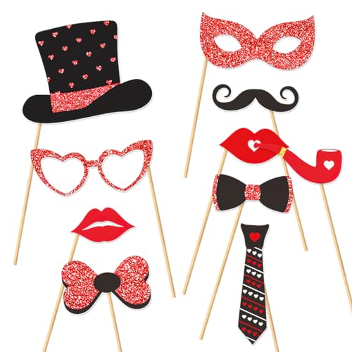 30Pcs Valentine's Day Photo Booth Props Happy Lovers Selfie Props Funny Red Heart Lip Glasses Beard Hat Wine Glass Photobooth Props for Photography for Wedding Party Photoshoot Decorations