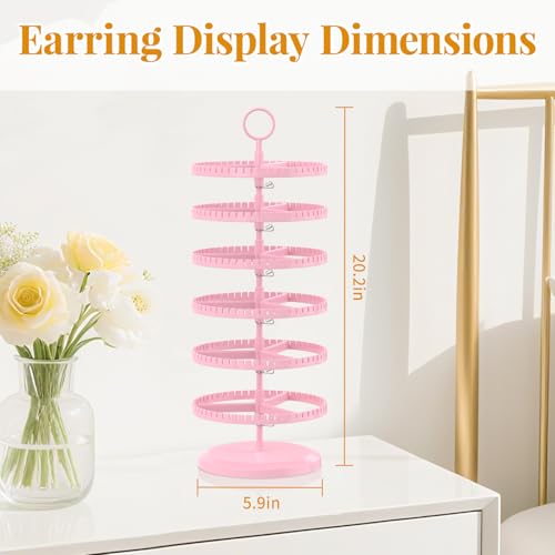 EsLuker.ly Earring Holder Organizer Rotating Stud Display Tree Rack with 342 U-Slots for Women Girls, Large Adjustable 6 Tier Plastic Storage Stand with Metal Tray for Pierced Hoop Post Earring, Pink - color: Pink