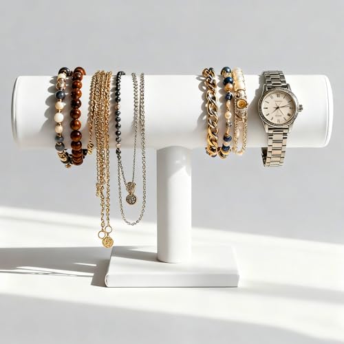 TENINYU Hovering T-Bar Bracelet Necklace Earring Bangle Pendants Anklet Tower Watch Key Jewelry Display Stand for Home Organization (White Leatherette) - color: White Leatherette