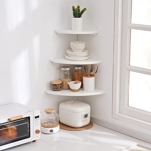 Corner Shelf, Solid Oak Wood Floating Corner Shelf Wall Mount Round End Floating Speaker with Wire Hole for Small Plant Photo for Bedroom Kitchen, Living Room White - color: White, size: 10in