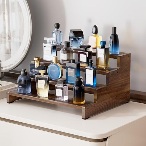 ZUJJAFY Cologne Organizer for Men, 4 Tier Wooden Cologne Stand Mens Fragrance Shelf, Tiered Wood Risers Display Stands for Perfume, Cupcake, Figures, Dessert, Brown - color: Brown