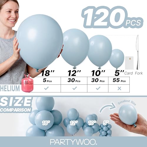 PartyWoo Dusty Blue Balloons 120pcs Different Sizes of 18 12 10 5 Inch Light Blue Aqua Boho Balloon Arch Kit Garland for Graduation Baby Shower Gender Reveal Birthday Party Decorations Blue-F28 - color: Blue-f28