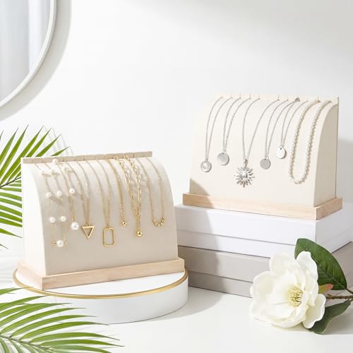 2 Pieces Cambered Wooden Necklace Display Stand with Soft Mat Necklace Holder Jewelry Display Beige Velvet Jewelry Organizer for Countertop Boutique Home