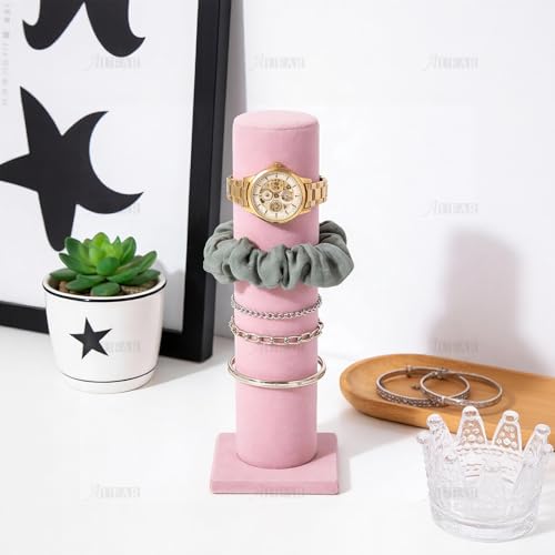 AUEAR, Velvet Vertical Tower Display Bracelet Hair Band T-Bar Holder for Headband Scrunchie (Pink, Square Bottom, 1-Pack)