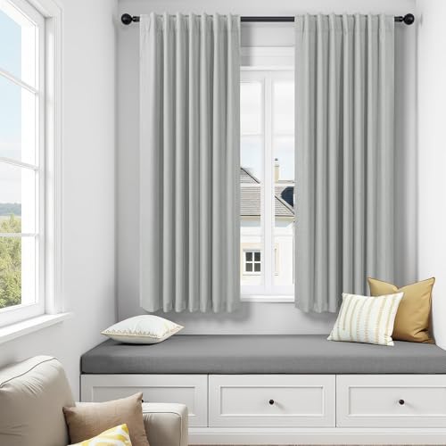 45 Inch Length Kitchen Blackout Curtains Set of 2 Back Tab Pleated Room Darkening Short Small Curtains for Bathroom Kids Room Nursery Bedroom 52x45 in Long Light Grey Gray Black Out Neutral Cottage - color: Grey, size: 52"W x 45"L (Pack of 2)