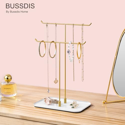 bussdis Gold Jewelry Organizer Necklace Holder Stand: 2-Tier T-Bar Display with White Metal Tray, Holds Necklaces Bracelets Earrings, Countertop Jewelry Tree - color: Gold, size: 12.5" Height