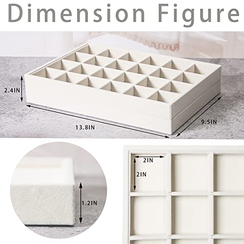 Coward 2PC Stackable 24 Gird Jewelry Organizer Tray Necklace Earring Box Storage Drawer Ring Bracelet Display Holder (beige(24grid+24grid)) - color: Beige Velvet, size: 24Grids+24Grids