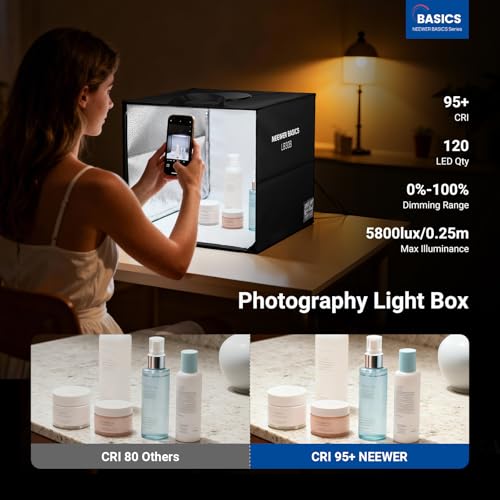 NEEWER Basics Bi Color Photo Studio Light Box, 12"x12"x12" Folding Photo Booth Shooting Tent with 6 Color Backdrops, 120 LEDs CRI95+ Dimmable for Tabletop Jewelry Electronics Food Photography, LB30B - size: 12"x12"x12"