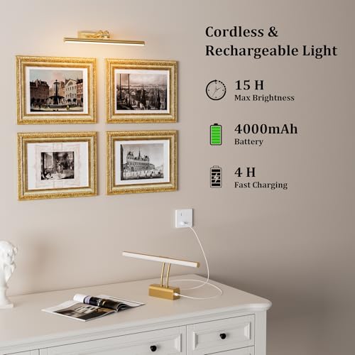 Battery Operated Picture Light for Wall, 4000mAh Cordless Wall Lamp for Painting Photo Artwork , Remote Control, Magnetic for Easy to Charge,Timers, 13.8'' Display for Gallery Living Room Bedroom Gold - color: Gold, size: 13.8Inch