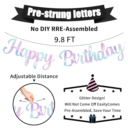 Iridescent Happy Birthday Banner - Pre-Strung Holographic Birthday Sign Garland 10 Feet, NO DIY, Happy Birthday Letters for Shiny Retro 70s Disco Women Men Birthday Party Decorations - color: Iridescent