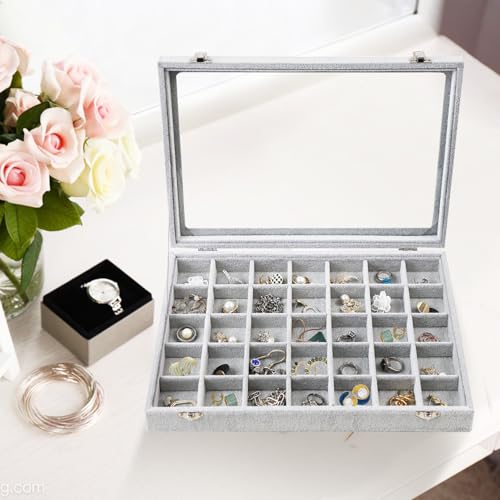 Jewelry Tray 35 Grid Velvet Jewelry Organizer with Clear Lid Transparent Earring Bracelet Organizer Holder Case with Clasp Drawer Insert for Rings Studs Gift for Women Girls - color: 35 Grid