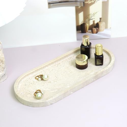 OOBOOB Oval Natural Marble Bathroom Tray for Decor Countertop, Marble Vanity Tray for Candles Perfume, Jewelry, Cosmetics, Elegant Vanity Organizer for Jewelry, Perfume - color: Travertine Beige, size: 11.81*5.12*0.7