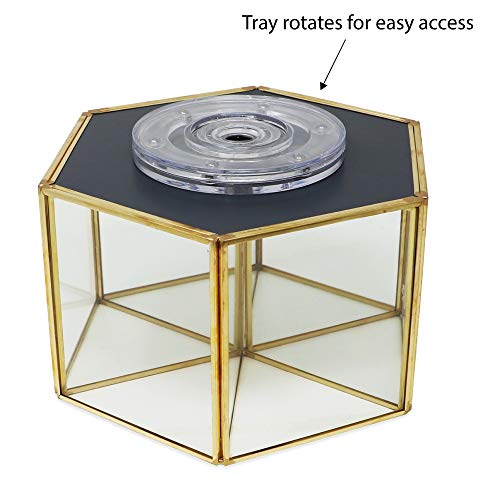 Isaac Jacobs 6-Compartment Rotating Makeup Brush Holder, 360 Degree Acrylic Carousel, Vintage Style Brass and Glass Organizer, Storage Solution with Mirror Base for Makeup, Kitchen, Crafts, & More