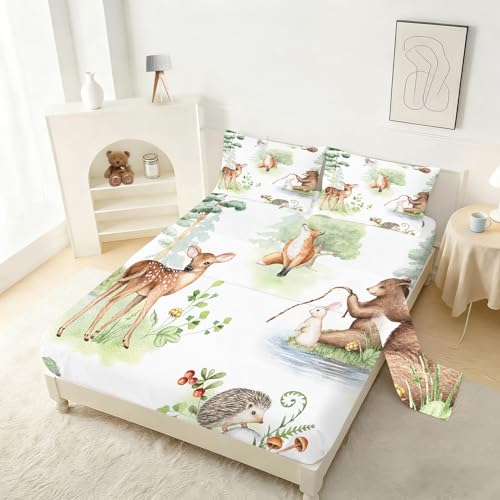 Wildlife Fitted Sheet Set Twin Size for Kids Light Green Sheet Set for Boys Girls Bedroom Animal Sheet Soft Microfiber 3-Piece Sheet Set 1 Fitted Sheet+1 Flat Sheet+1 Pillowcase Bedding Set - color: Light Green, size: Twin