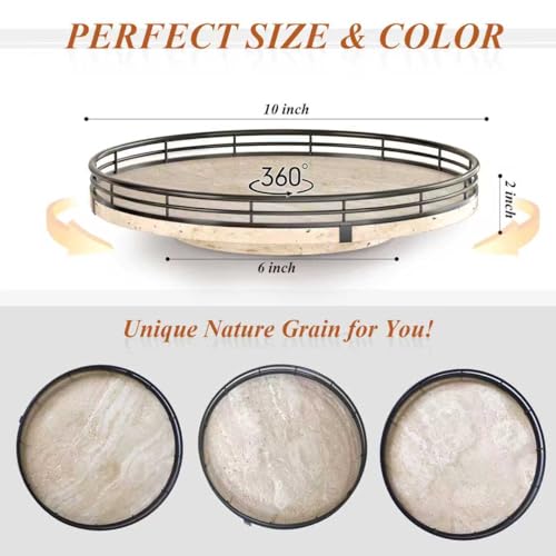 Italian Natural Travertine Lazy Susan Turntable for Table Top – 10” Round Marble Tray Organizer for Bathroom, Vanity, Dining Table, Kitchen Countertop & Bar, Luxury Stone Serving Tray with Black Frame - color: Light Yellow & Black, size: 10 inches