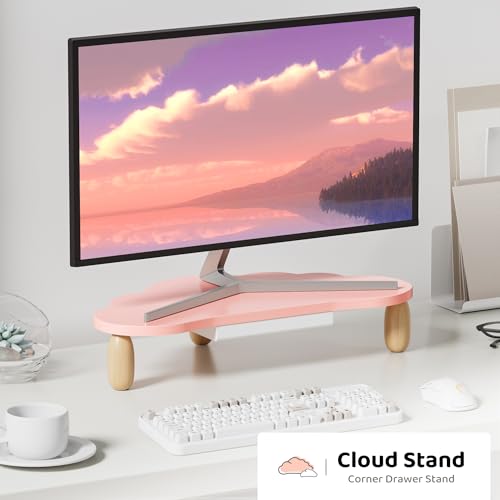 AFOOYO Monitor Stand Riser,Cloud-Shaped Sturdy Wood 16.5In Computer Monitor Riser Wirh Drawer, Multi-Purpose Desktop Organizer Riser for Computer,Laptop,Printer,TV,Pink - color: Pink, size: Wirh Drawer