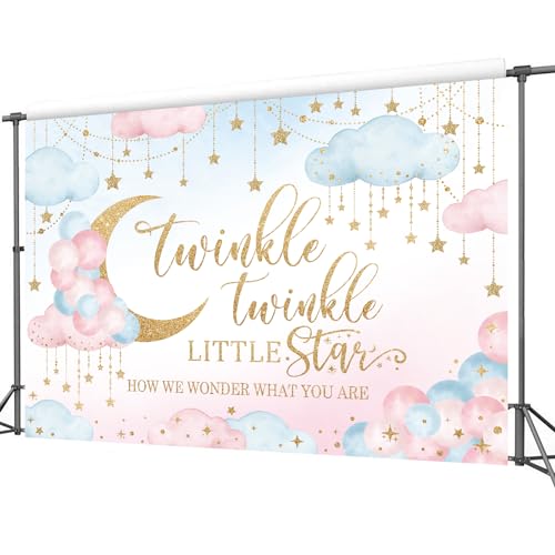 Twinkle Twinkle Little Star Gender Reveal Backdrop 7Wx5H Feet Polyester Fabric Pink Blue Boy or Girl Baby Shower Decoration Watercolor Moon Clouds Photography Background Photo Shoot Props - color: 12Gender Reveal, size: 7Wx5H