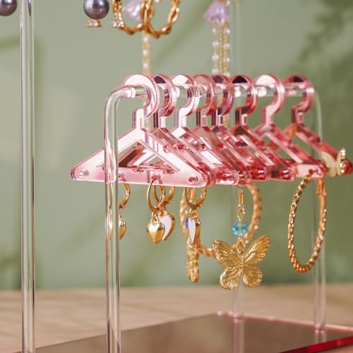 NiHome Acrylic Earring Holder with Unique Double-Tiered Design, Cute Miniature Clothing Hangers with Spacious Storage for 48 Pairs, Mirror-Finish Display for Home Vanity & Retail Showrooms (Rose Gold) - color: Rose Gold, size: Without Tray