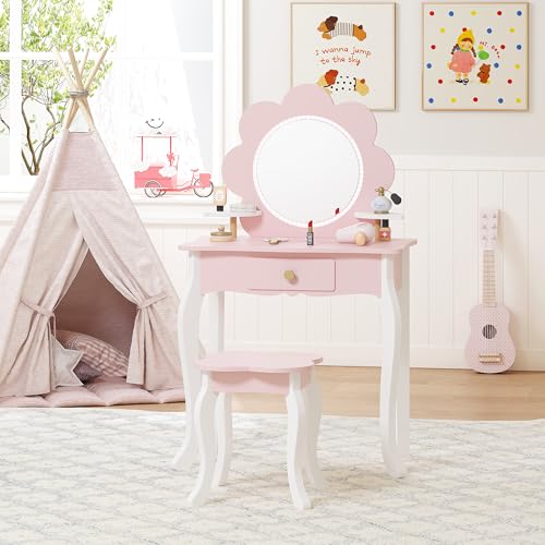 Spirich Kids Vanity, Girls Vanity Set with Mirror and Stool and Lights, Kids Vanity Table and Chair Set, Wooden Princess Makeup Desk Dressing Table (Flower Shape with LED Strip) - size: Flower Shape with LED Strip