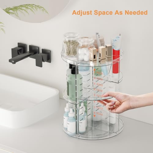 Rotating Makeup Organizer, DIY 8 Adjustable Layers Spinning Skincare Organizer, Cosmetic Display Case with Brush Holder Perfume Tray, Multi-Function Storage Carousel for Vanity Bathroom Countertop - color: Clear