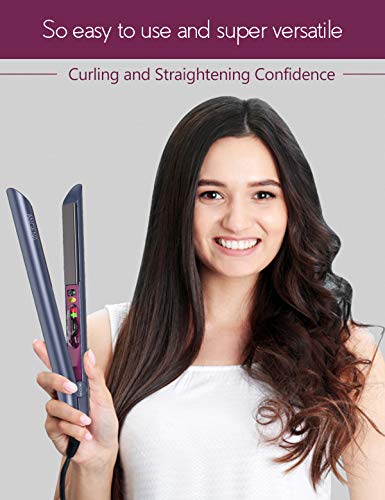 ANGENIL Professional Titanium Flat Iron 1 inch, Hair Straightener and Curler 2 in 1 with Adjustable Temp for All Hair Types, Anti-Static, Dual Voltage Travel Size with Silicone Resistant Mat Pouch - color: Blue Purple