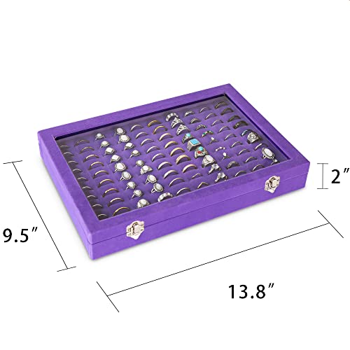 Frebeauty Ring Organizer Tray 100 Slots Ring Holder with Clear Lid Velvet Storage Box Jewelry Tray for Jewelry Store Earring Display Case for Jewelry Show Studs Box for Women(Purple) - color: Purple