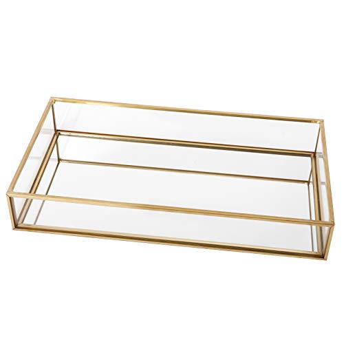 HighFree Rectangle Gold Mirror Tray, Decorative Glass Mirrored Vanity Tray for Perfume, Cosmetics, Makeup, Trinket, Jewelry (10.2X 5.5x1.6) - size: 10.2" x 5.5" x 1.6"
