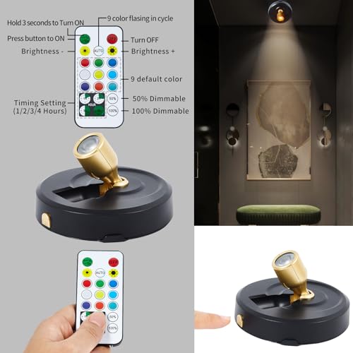 Battery Operated Spotlight, Wireless Picture Lights with Color Changing, LED Puck Light, Dimmable & Timer Accent Light with Remote, Stick on Display Lighting for Portrait Dartboard Painting Gallery - color: RGB Black Gold, size: 2 Pack