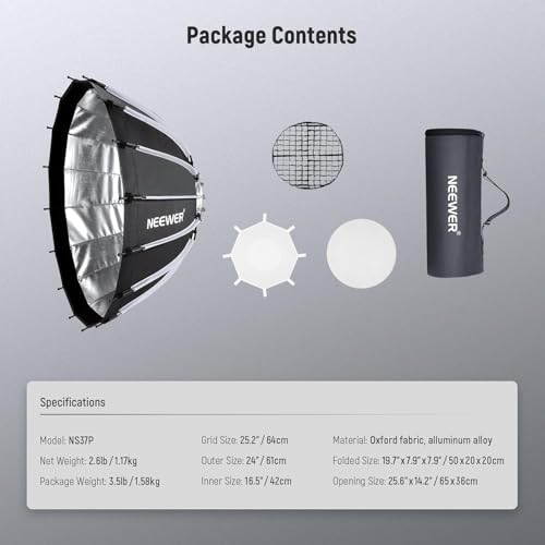 NEEWER Basics Parabolic Softbox Kit, 26"/65cm Bowens Mount Soft Box with Light Diffusers for Studio Photography Video Recording Streaming Lighting Compatible with Godox Compatible with Aputure, NS37P - style: 26"/ 65cm Parabolic