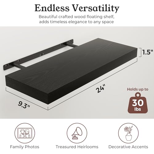 Floating Shelves for Wall, 9.3" Deep Wall Mounted Wood Shelves for Bathroom, Bedroom, Living Room, Kitchen, Hanging Shelf for Books/Storage/Room Decor (Black, 24") - color: Black, size: 24" Set of 2