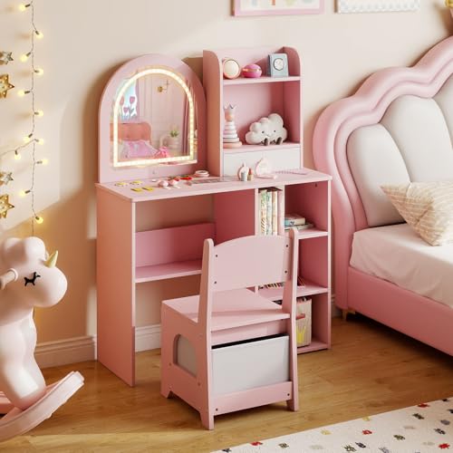 Costzon Kids Vanity with Lights, Girls Vanity Set with Mirror, Storage Drawer, Hooks & Shelves, Toddler Makeup Vanity Desk Dressing Table, Wooden Kids Vanity Table and Chair Set (Pink) - style: Pink with Open Shelves