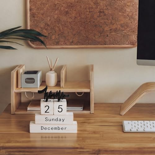 Novabright Retro Wooden Perpetual Block Calendar for Desk Rustic Wood Month Date Display Blocks Home Tiered Tray Decor for Home Farmhouse Office Daily Desktop Calendar Accessories