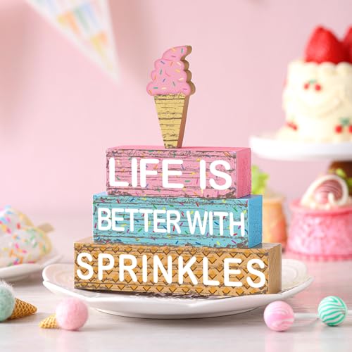 Geelin 4 Pieces Summer Ice Cream Table Wooden Decorations Ice Cream Wood Sign Centerpiece Home Decor Bar Party Decorations Blocks Tiered Tray Table Top Sign for Home - style: Ice Cream